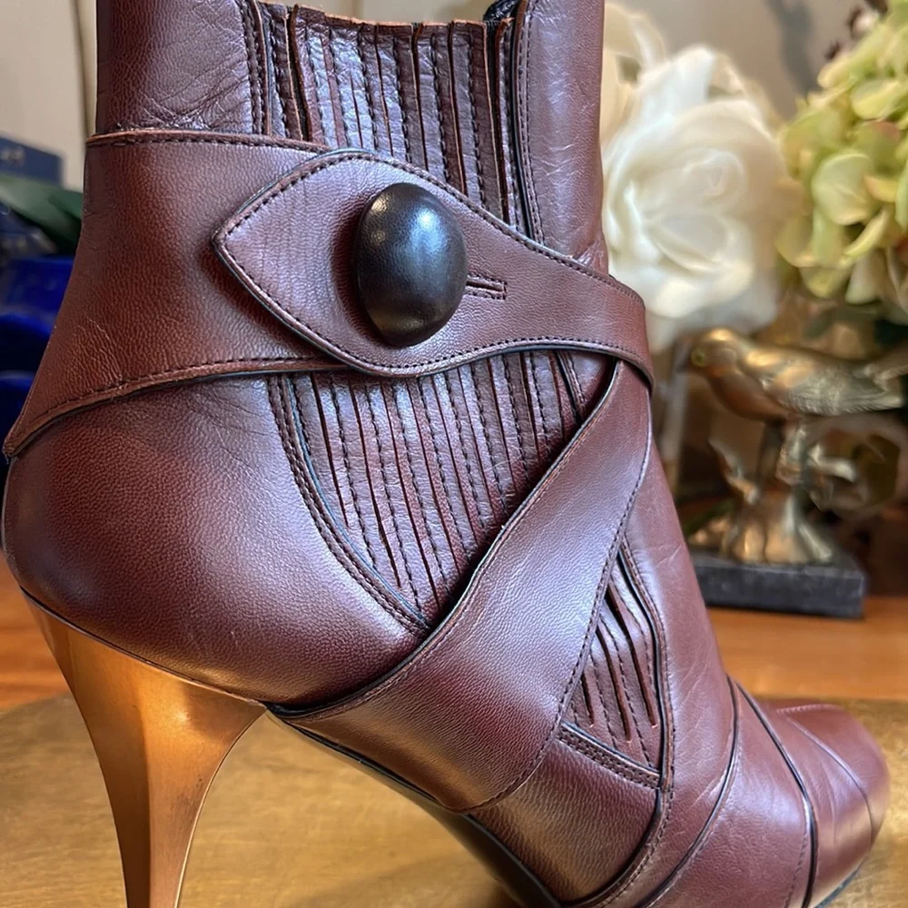 Miu Miu Capretto Stitch Cotto Leather Booties in Brown Leather and Copper